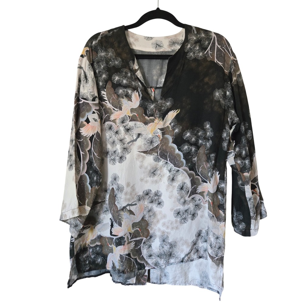 Citron Santa Monica Womens M Japanese Crane Print Tunic Top Black 100% Silk